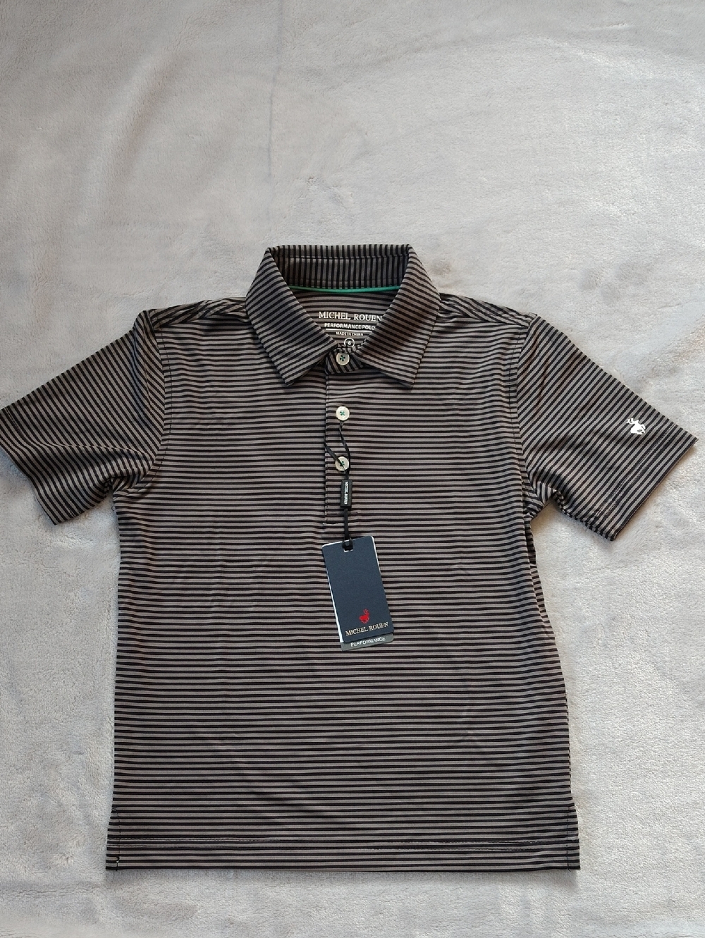 Michel Rouen Black and Gray Striped Short Sleeve Performance Polo Size 6 New